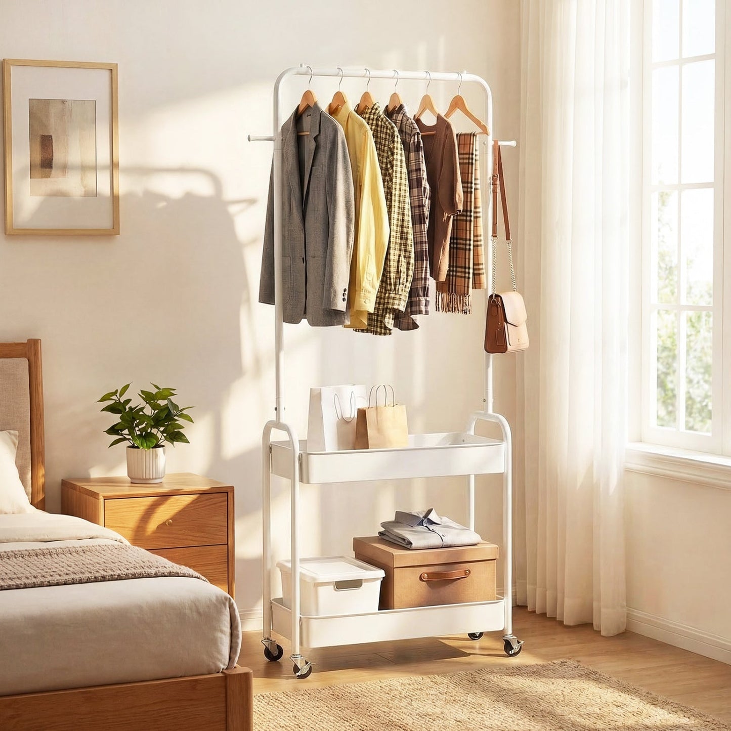 Heavy-Duty Laundry Cart with Hanging Rod and 2 Storage Baskets for Bedroom