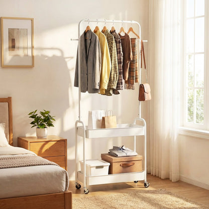 Heavy-Duty Laundry Cart with Hanging Rod and 2 Storage Baskets for Bedroom