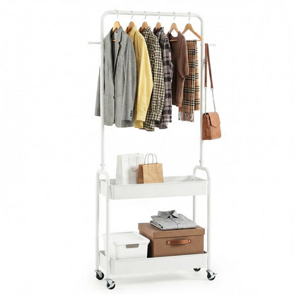 Heavy-Duty Laundry Cart with Hanging Rod and 2 Storage Baskets for Bedroom
