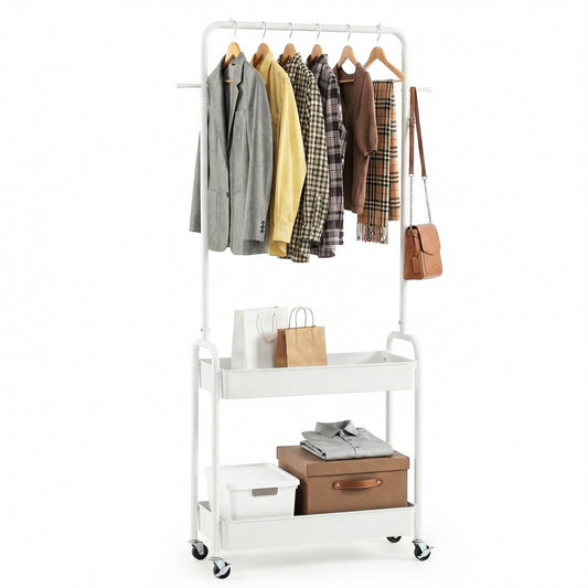 Heavy-Duty Laundry Cart with Hanging Rod and 2 Storage Baskets for Bedroom