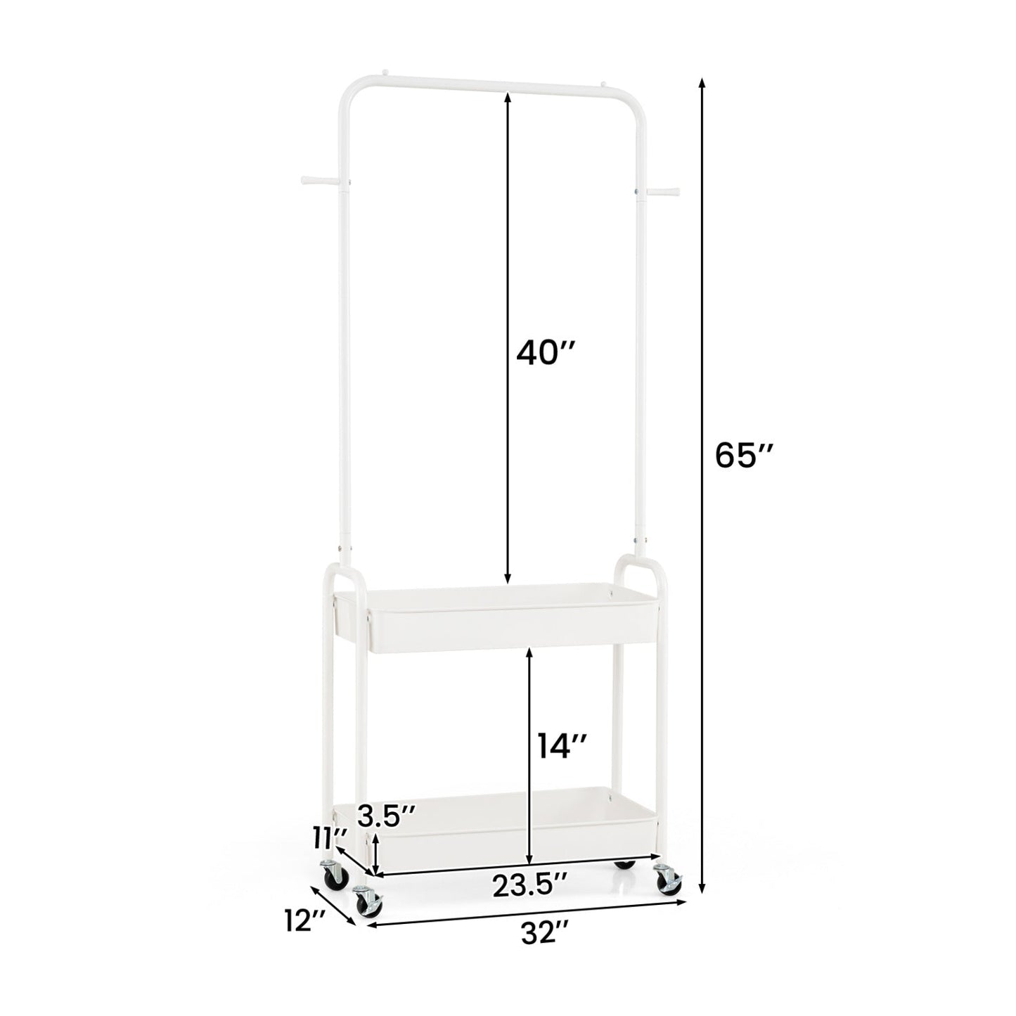 Heavy-Duty Laundry Cart with Hanging Rod and 2 Storage Baskets for Bedroom