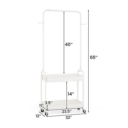 Heavy-Duty Laundry Cart with Hanging Rod and 2 Storage Baskets for Bedroom