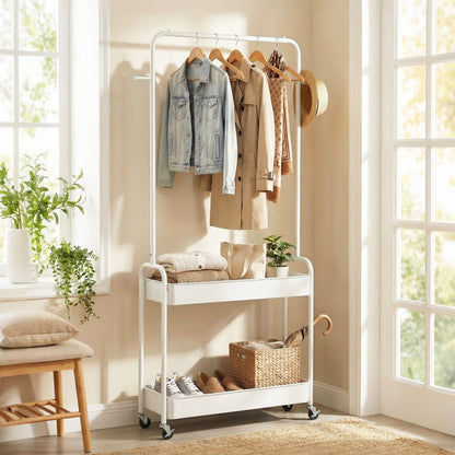 Heavy-Duty Laundry Cart with Hanging Rod and 2 Storage Baskets for Bedroom