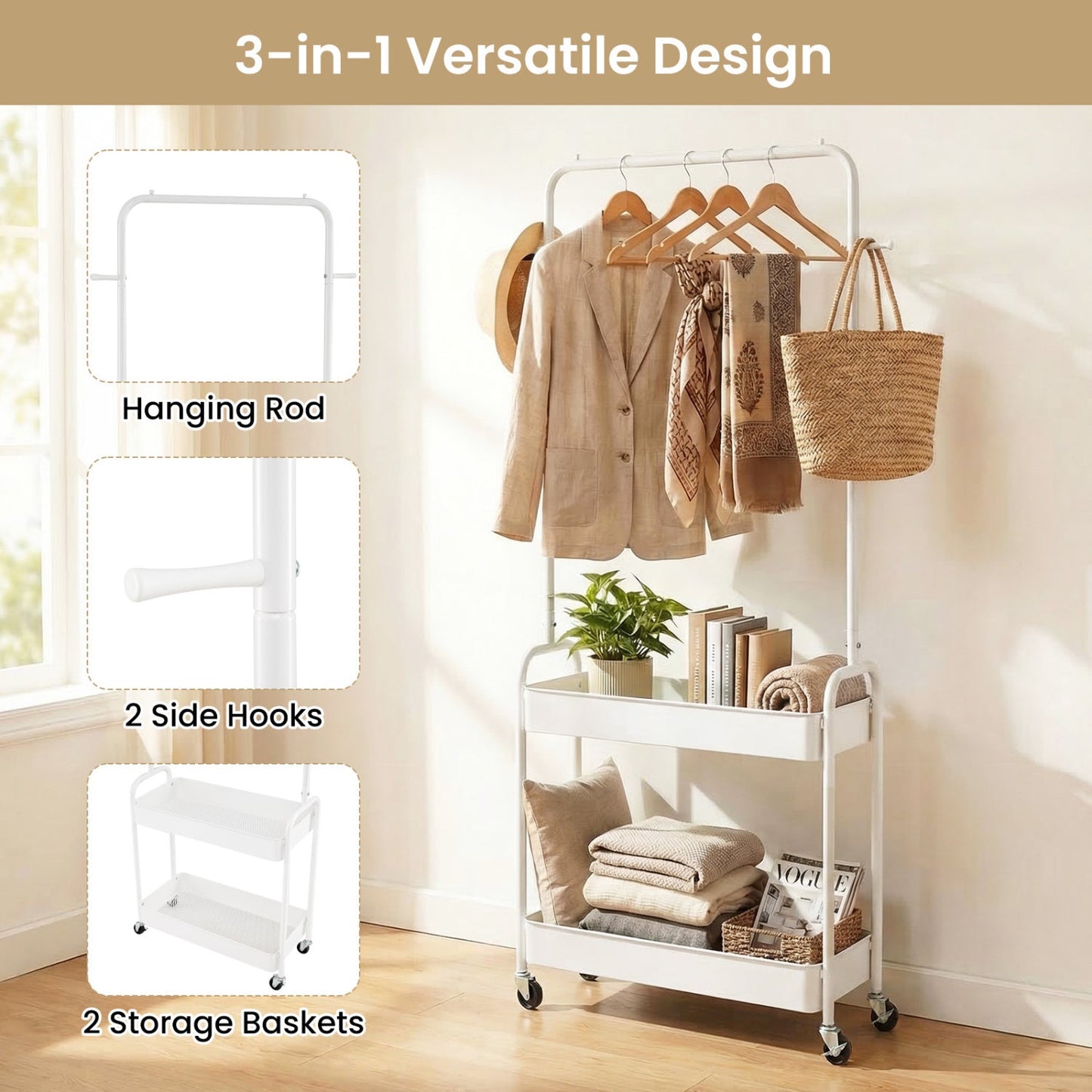 Heavy-Duty Laundry Cart with Hanging Rod and 2 Storage Baskets for Bedroom