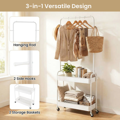 Heavy-Duty Laundry Cart with Hanging Rod and 2 Storage Baskets for Bedroom