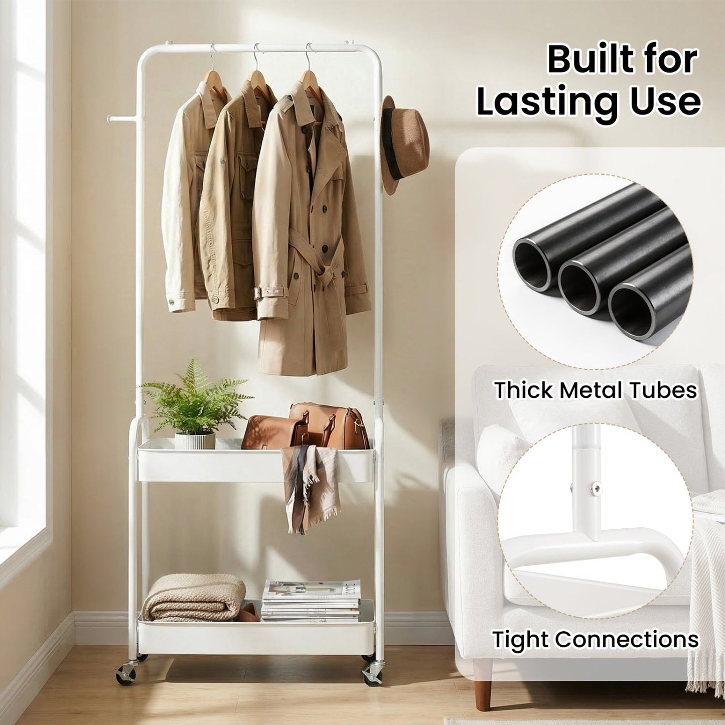 Heavy-Duty Laundry Cart with Hanging Rod and 2 Storage Baskets for Bedroom