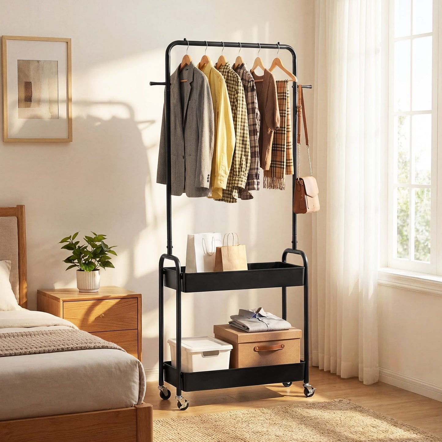 Heavy-Duty Laundry Cart with Hanging Rod and 2 Storage Baskets for Bedroom