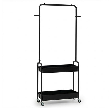 Heavy-Duty Laundry Cart with Hanging Rod and 2 Storage Baskets for Bedroom