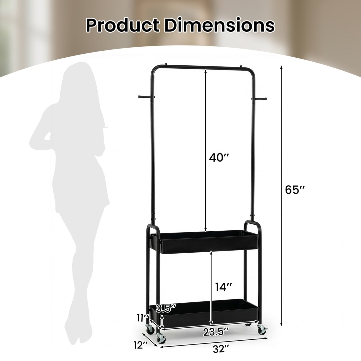Heavy-Duty Laundry Cart with Hanging Rod and 2 Storage Baskets for Bedroom