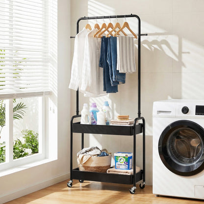 Heavy-Duty Laundry Cart with Hanging Rod and 2 Storage Baskets for Bedroom