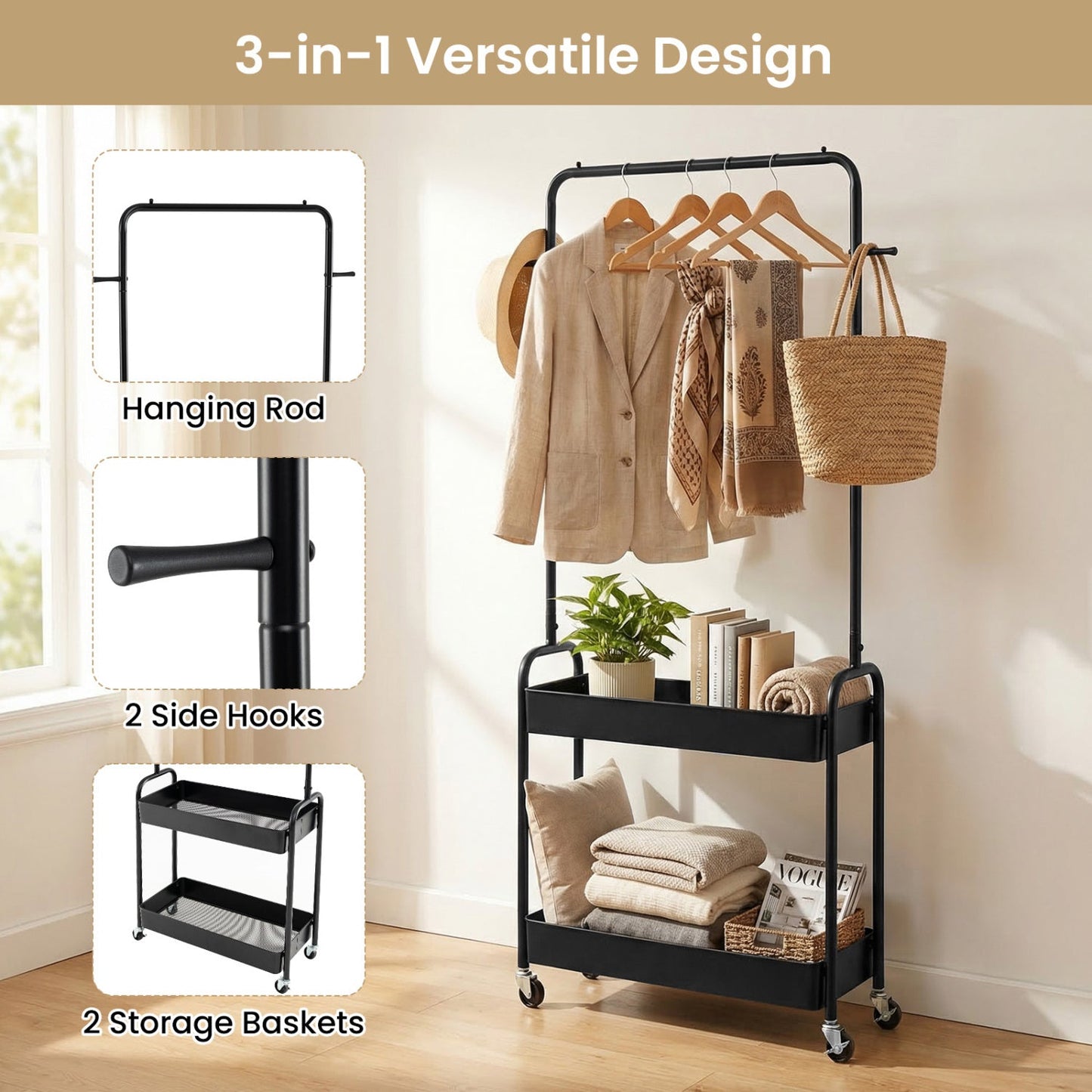 Heavy-Duty Laundry Cart with Hanging Rod and 2 Storage Baskets for Bedroom