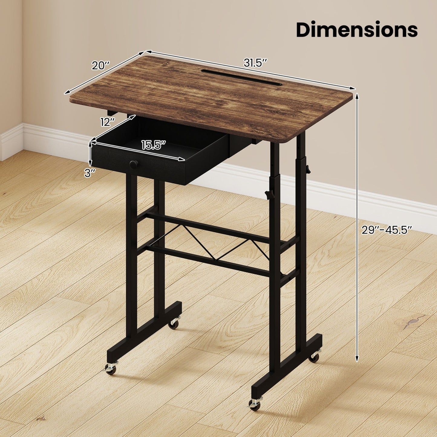 Height Adjustable Standing Desk with Wheels & Drawer