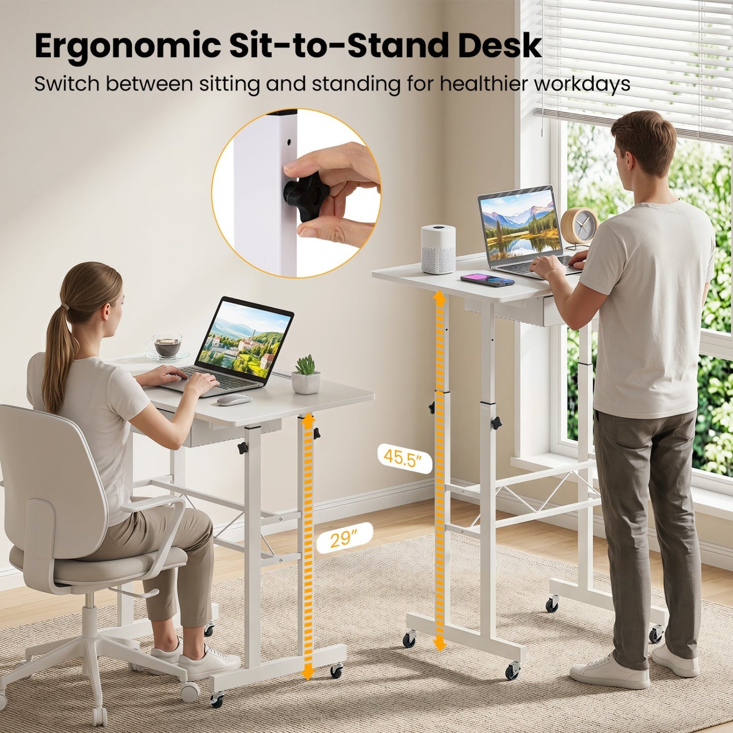 Height Adjustable Standing Desk with Wheels & Drawer