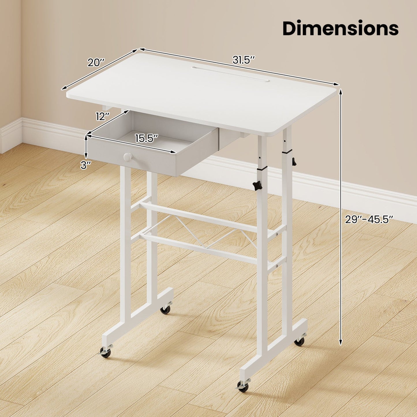 Height Adjustable Standing Desk with Wheels & Drawer