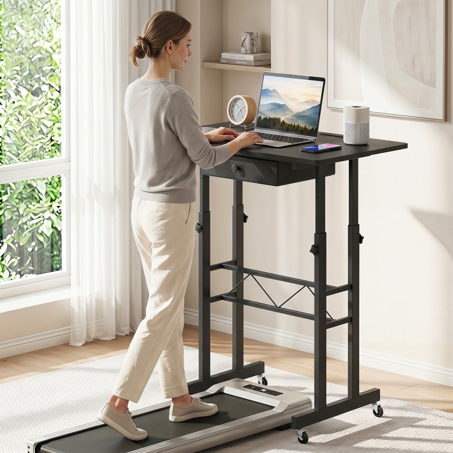 Height Adjustable Standing Desk with Wheels & Drawer