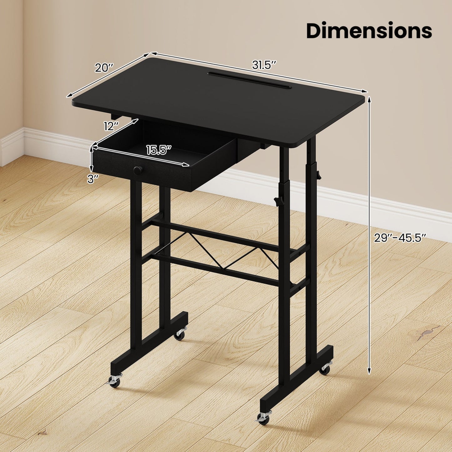 Height Adjustable Standing Desk with Wheels & Drawer