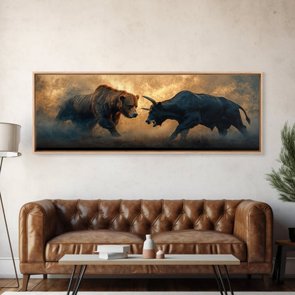 Intense Bull and Bear Framed Canvas Print - Moody Wildlife Painting, Rustic Wall Art, Industrial Style Living Room Decor, Gift Idea