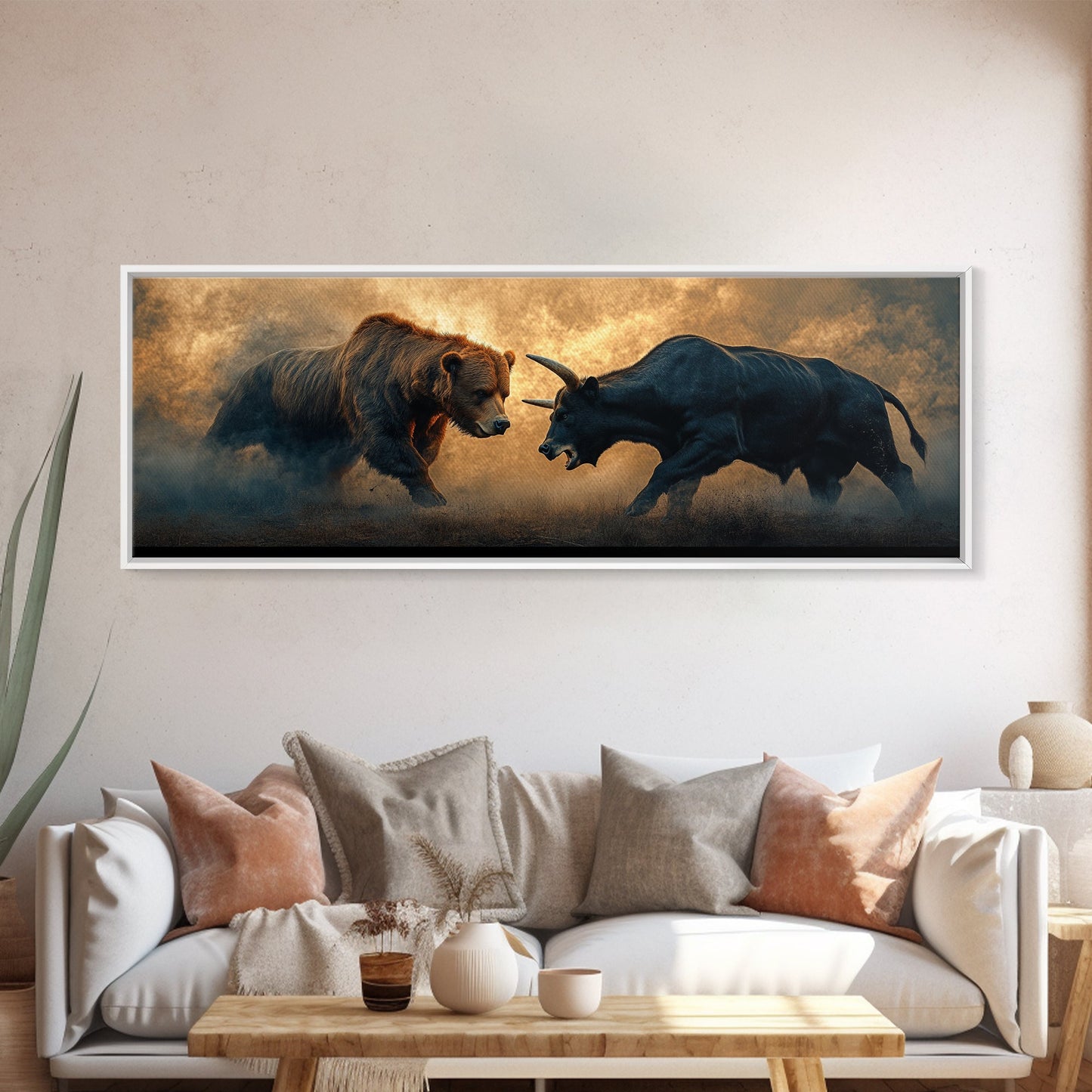 Intense Bull and Bear Framed Canvas Print - Moody Wildlife Painting, Rustic Wall Art, Industrial Style Living Room Decor, Gift Idea