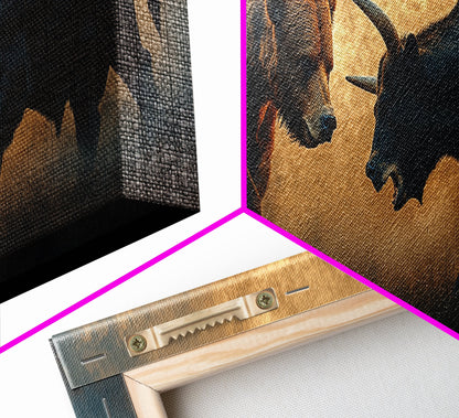 Intense Bull and Bear Framed Canvas Print - Moody Wildlife Painting, Rustic Wall Art, Industrial Style Living Room Decor, Gift Idea