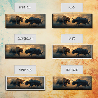 Intense Bull and Bear Framed Canvas Print - Moody Wildlife Painting, Rustic Wall Art, Industrial Style Living Room Decor, Gift Idea