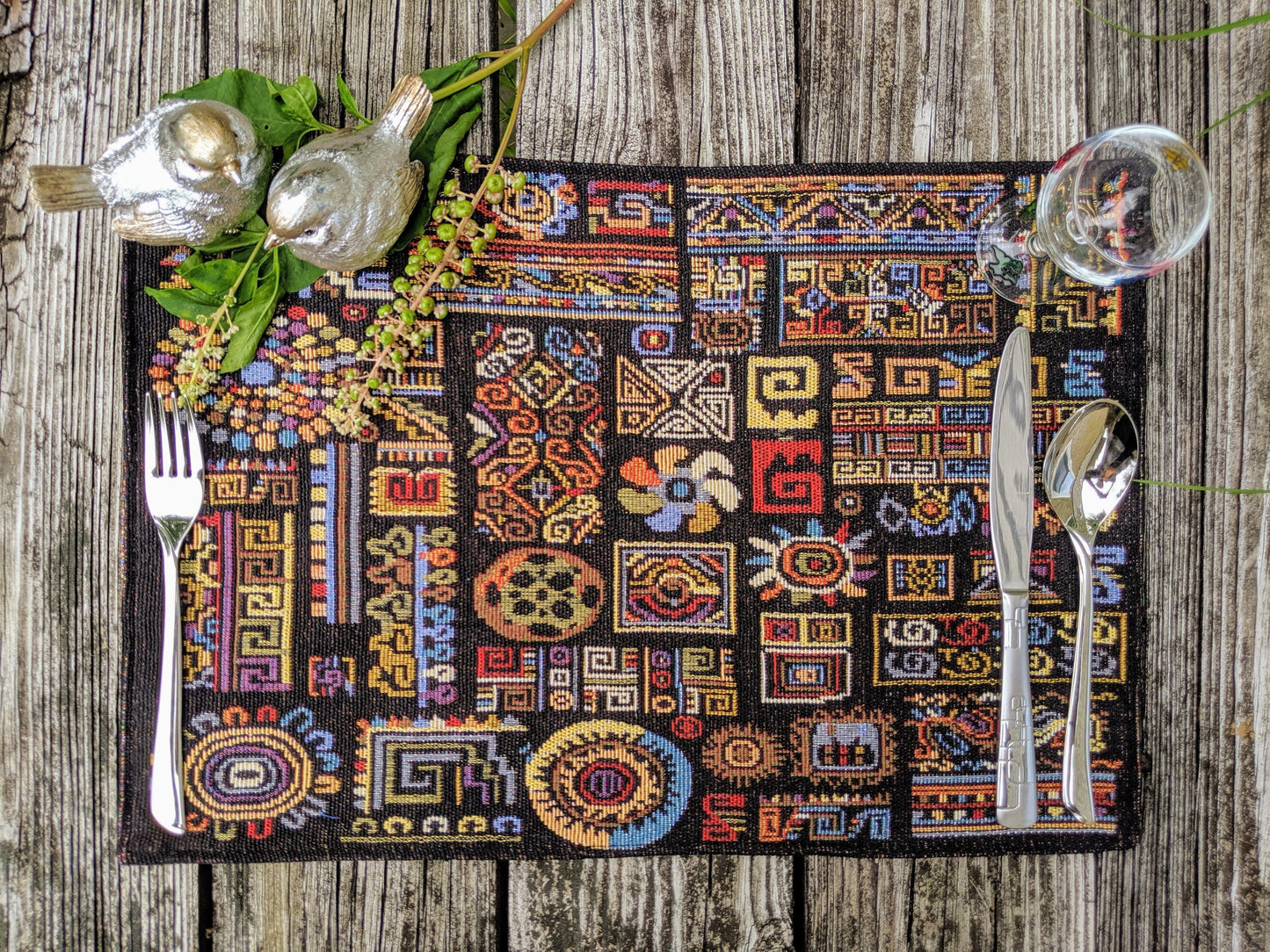 DaDa Bedding Set of 4-Pieces Ethnic Ornaments Geometric Black Tapestry Dining Placemats 13” x 19” (18118)