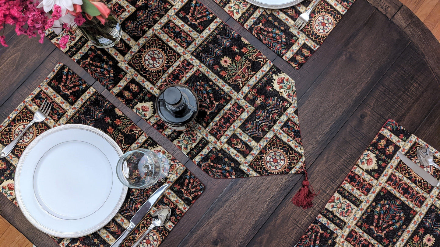 DaDalogy Bedding Elegant Woven Mughal Floral Tapestry Table Runner, Dark Noir Botanical Vintage Fleur (18197)