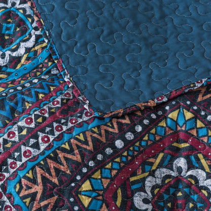 DaDa Bedding Farmhouse Bohemian Native Rustic Navy Blue Geometric Diamond Shapes Bedspread Set (KSX-001)