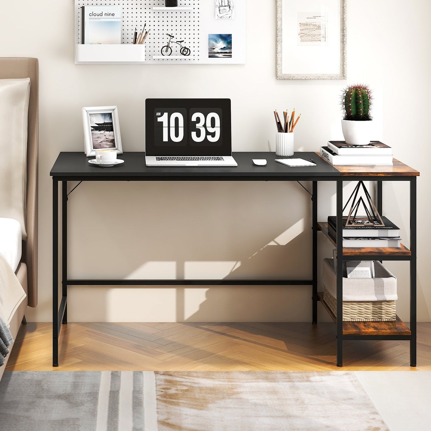 55 Inch Modern Industrial Style Study Writing Desk with 2 Storage Shelves