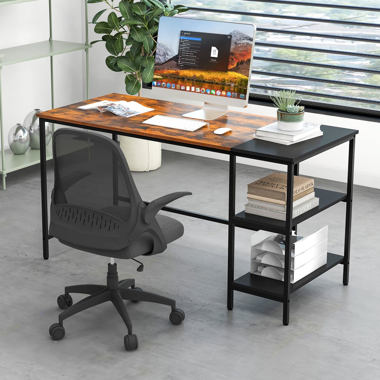 55 Inch Modern Industrial Style Study Writing Desk with 2 Storage Shelves