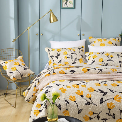 DaDa Bedding Yellow Fleur Floral Quilt Set - Ivory Gold Bedspread