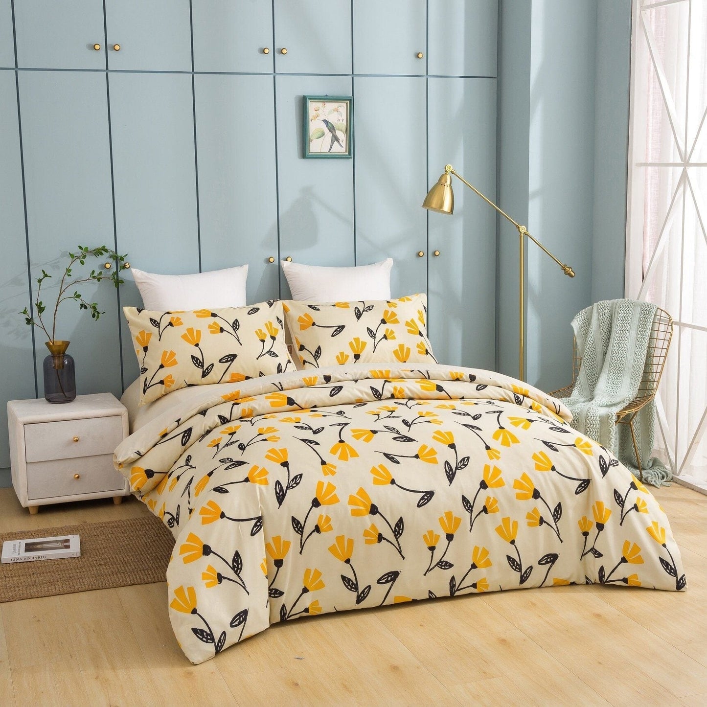 DaDa Bedding Yellow Fleur Duvet Cover, Sheets & Valance Set