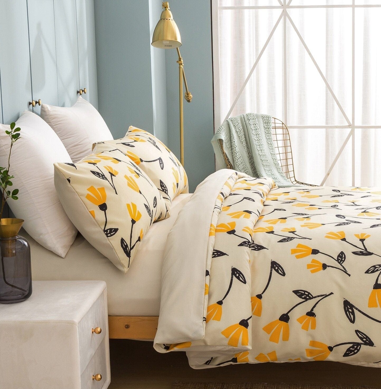 DaDa Bedding Yellow Fleur Duvet Cover, Sheets & Valance Set
