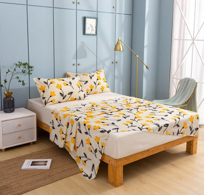 DaDa Bedding Yellow Fleur Floral Fitted and Flat Sheet Set