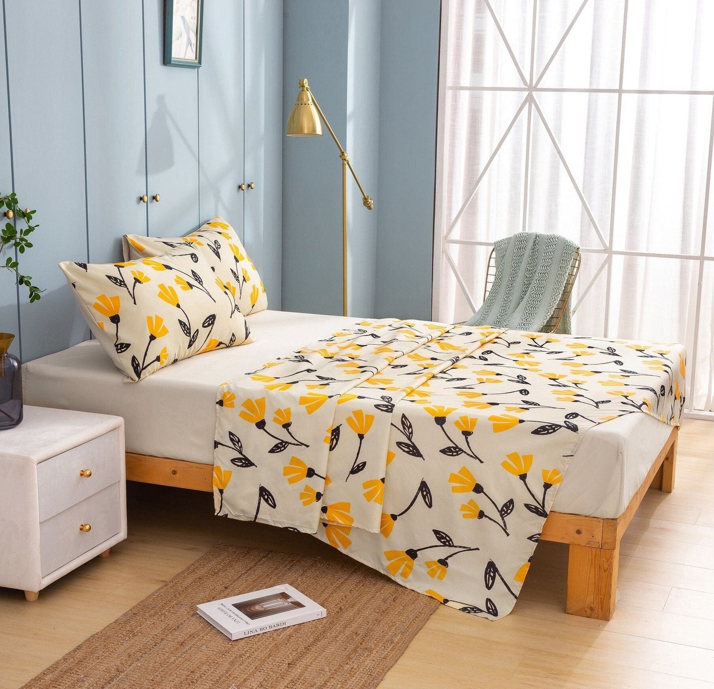DaDa Bedding Yellow Fleur Floral Fitted and Flat Sheet Set