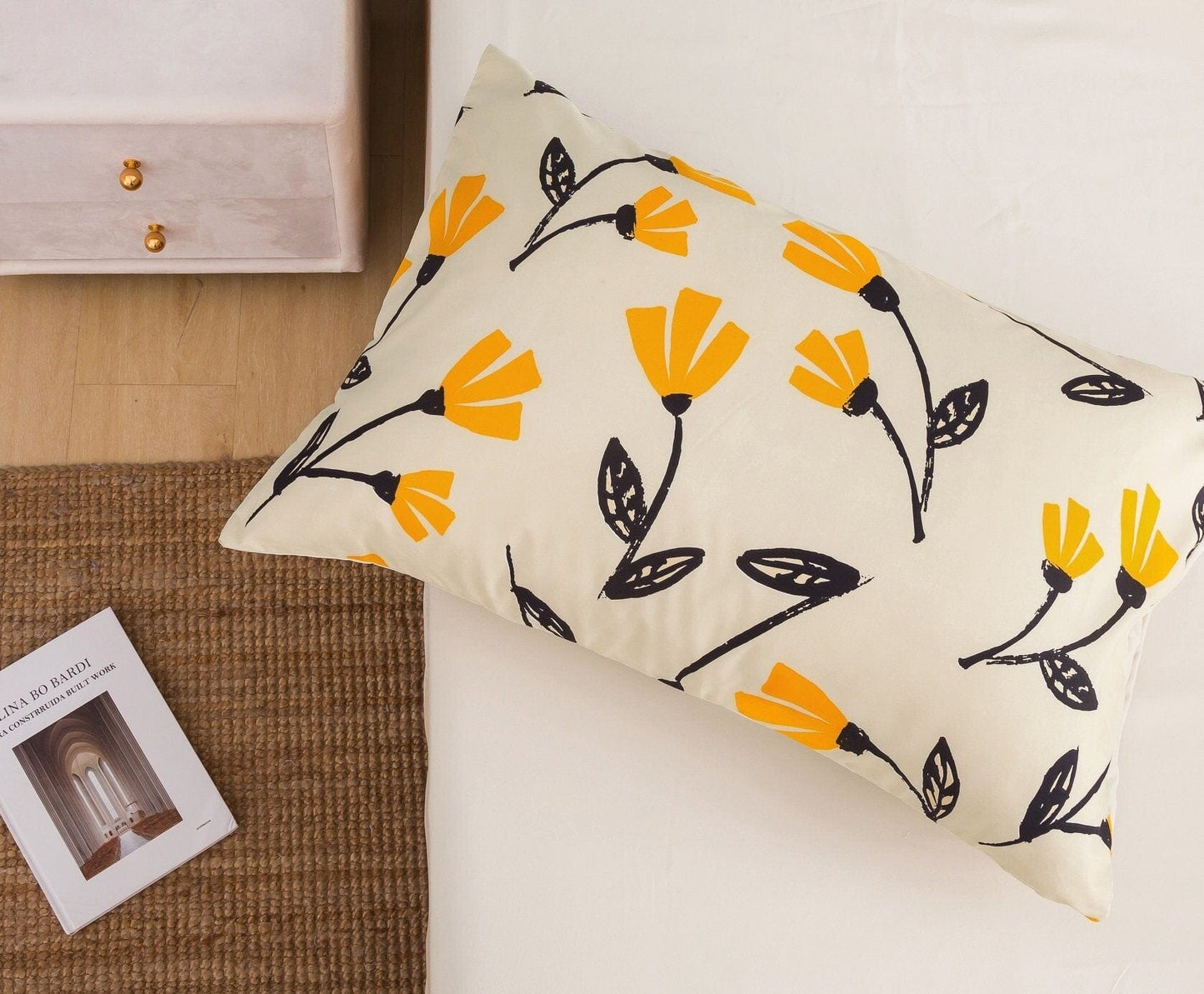 DaDa Bedding Yellow Fleur Floral Fitted and Flat Sheet Set
