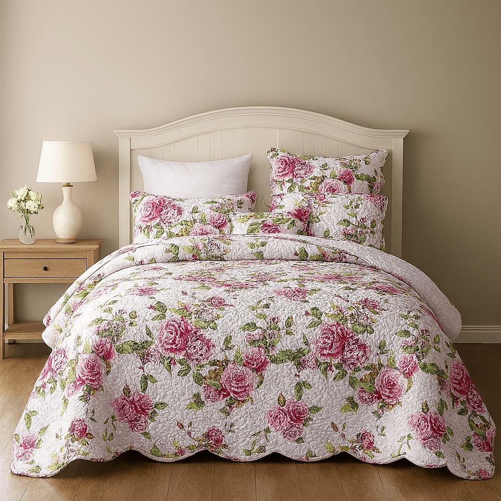 DaDa Bedding Pink Romantic Roses Floral Quilt Set