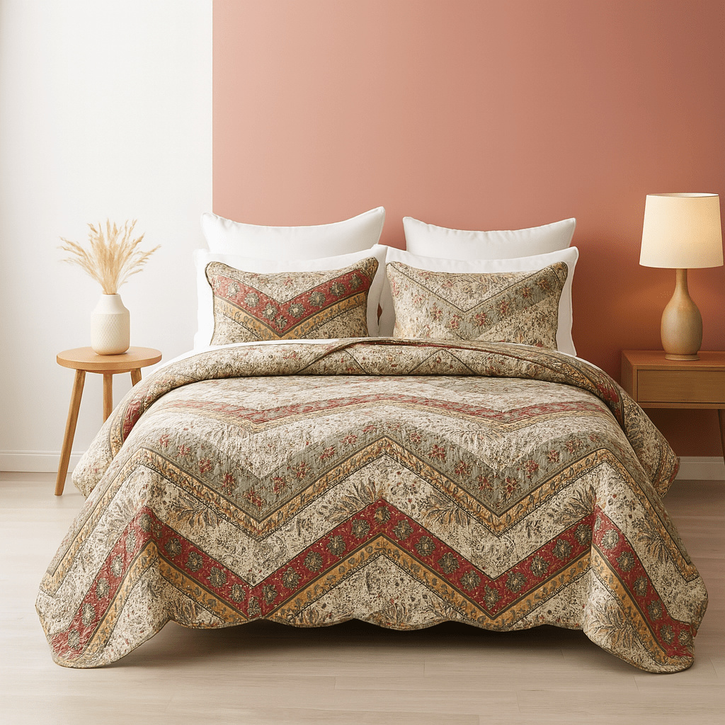 DaDa Bedding Cranberry Sage Floral Chevron Quilt Set - Lightweight Bedspread