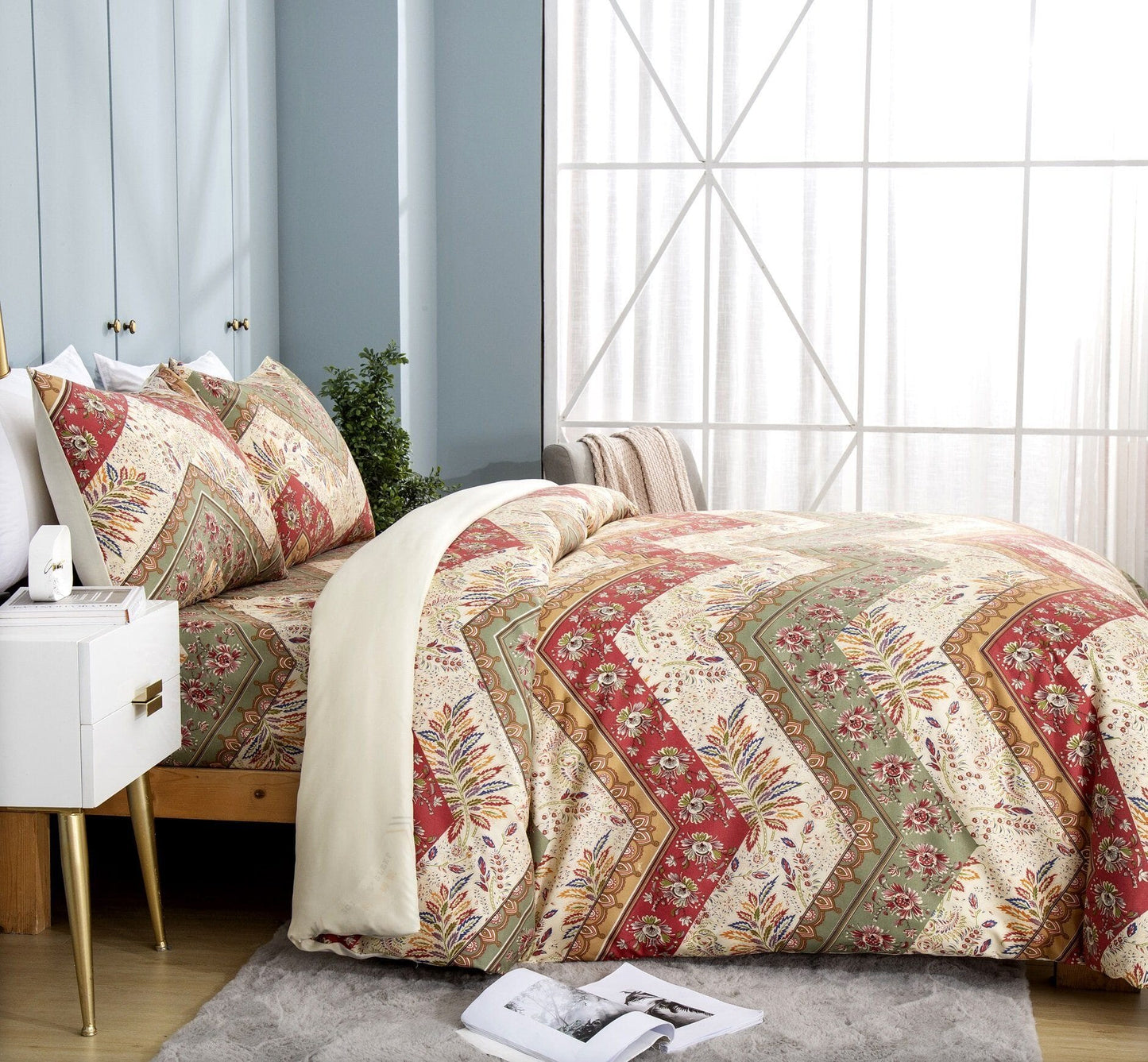 DaDa Bedding Cranberry Sage Floral Chevron Duvet Cover Set