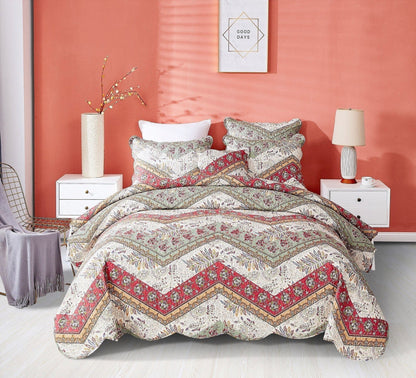 DaDa Bedding Cranberry Sage Floral Chevron Quilt Set - Lightweight Bedspread