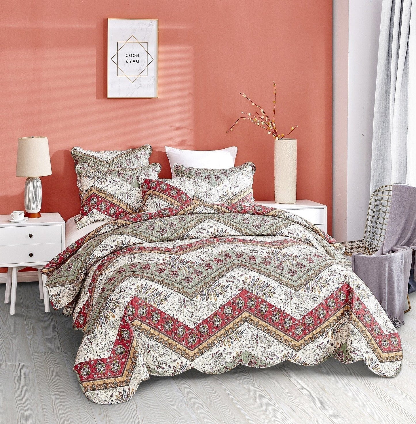 DaDa Bedding Cranberry Sage Floral Chevron Quilt Set - Lightweight Bedspread
