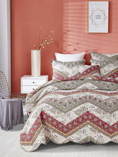 DaDa Bedding Cranberry Sage Floral Chevron Quilt Set - Lightweight Bedspread