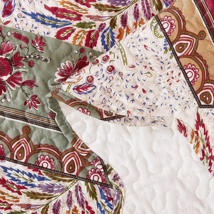 DaDa Bedding Cranberry Sage Floral Chevron Quilt Set - Lightweight Bedspread