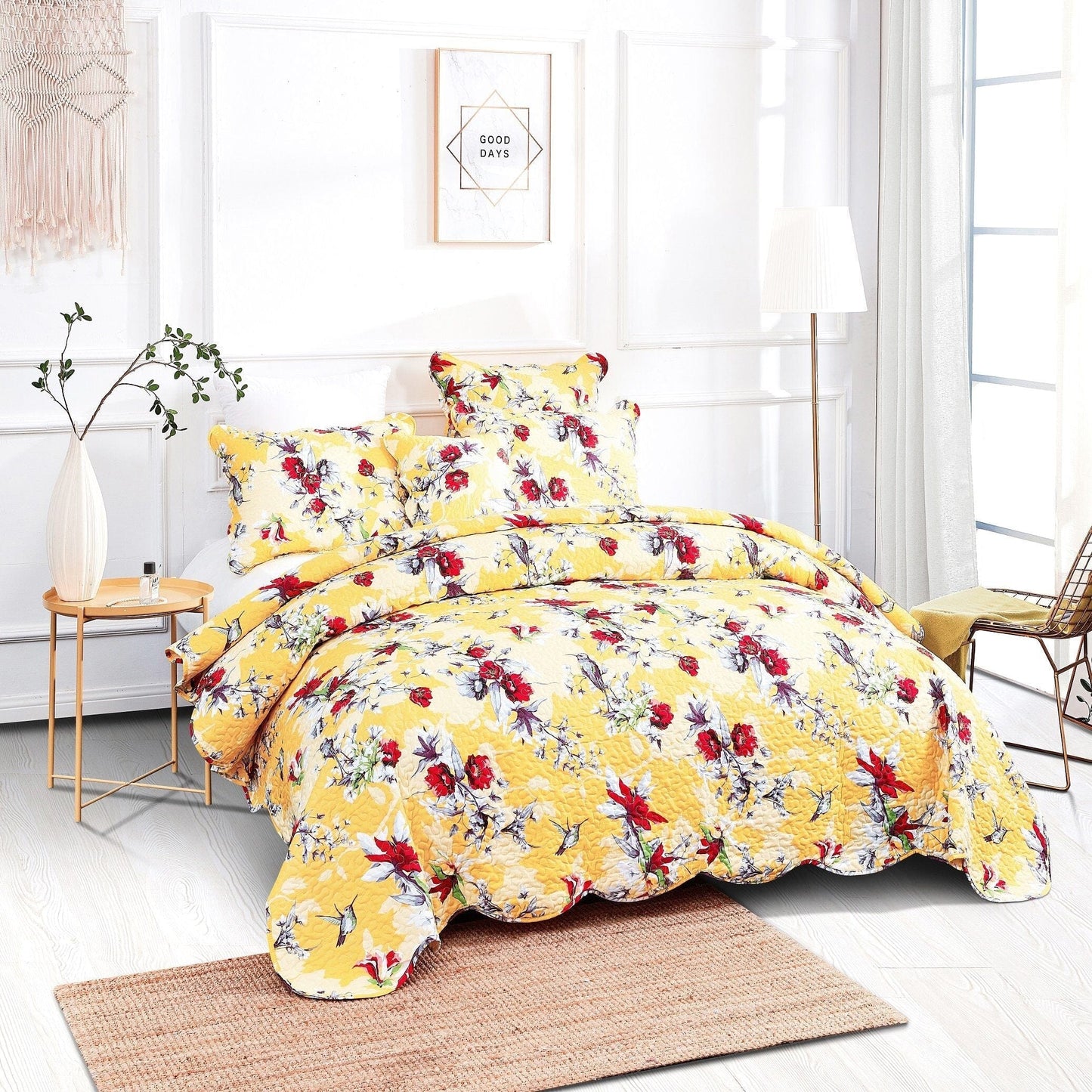 DaDa Bedding Sunshine Yellow Hummingbird Floral Bed in a Bag Set