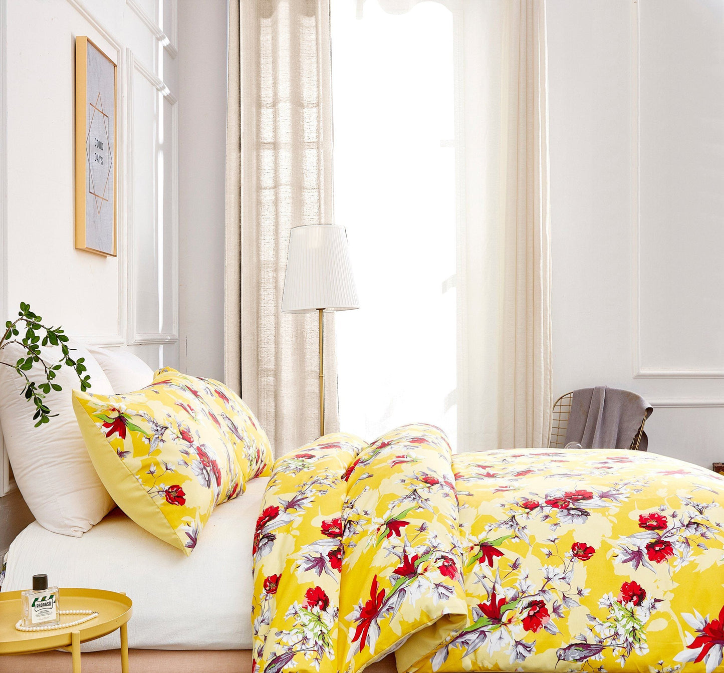 DaDa Bedding Yellow Hummingbird Duvet Cover, Sheets & Valance Set
