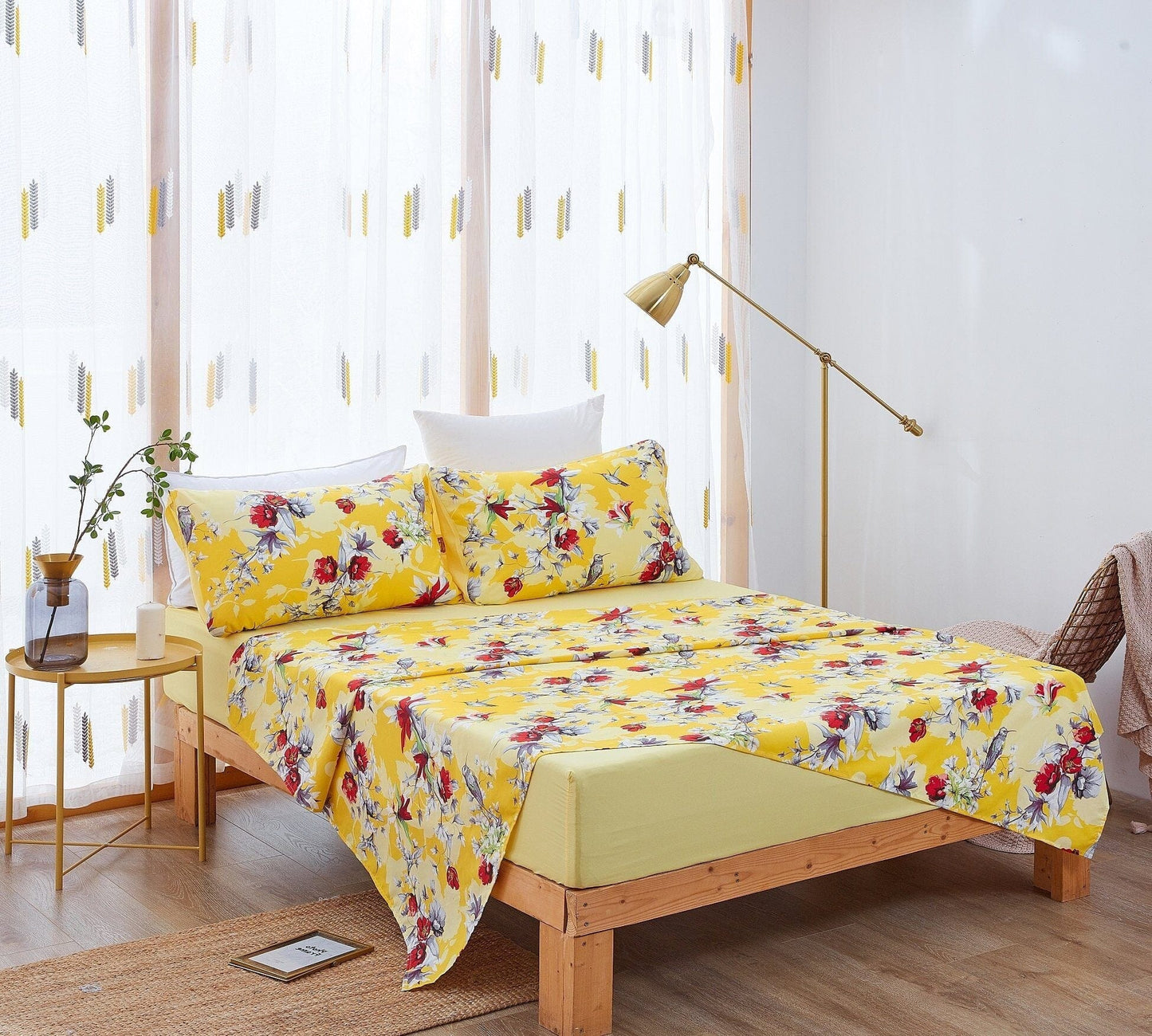 DaDa Bedding Yellow Hummingbird Duvet Cover, Sheets & Valance Set