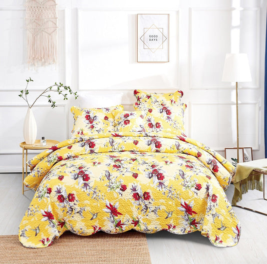 DaDa Bedding Sunshine Yellow Hummingbird Floral Quilt Set