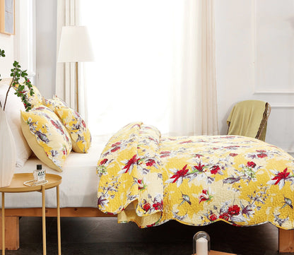 DaDa Bedding Sunshine Yellow Hummingbird Floral Quilt Set