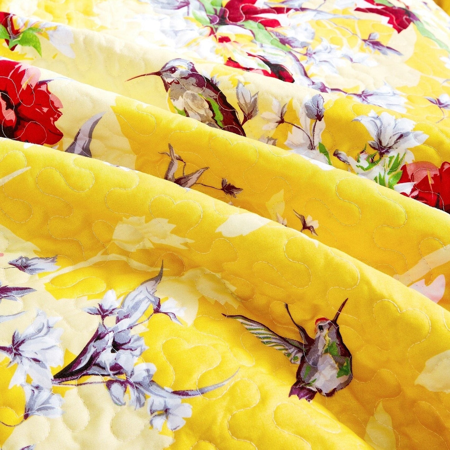 DaDa Bedding Sunshine Yellow Hummingbird Floral Quilt Set