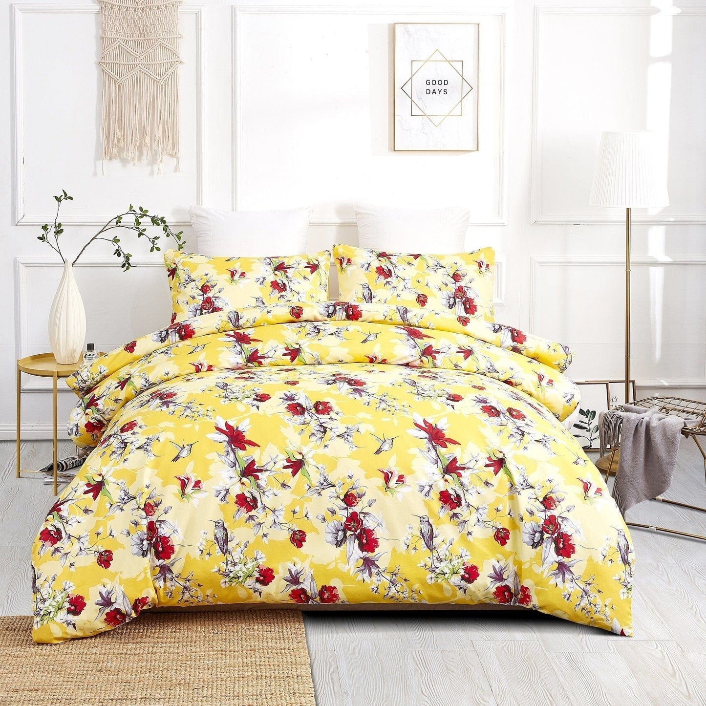 DaDa Bedding Sunshine Yellow Hummingbird Floral Duvet Cover Set