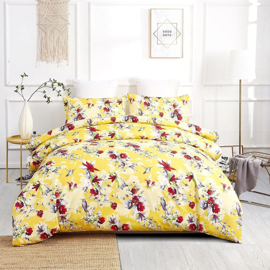 DaDa Bedding Sunshine Yellow Hummingbird Floral Duvet Cover Set
